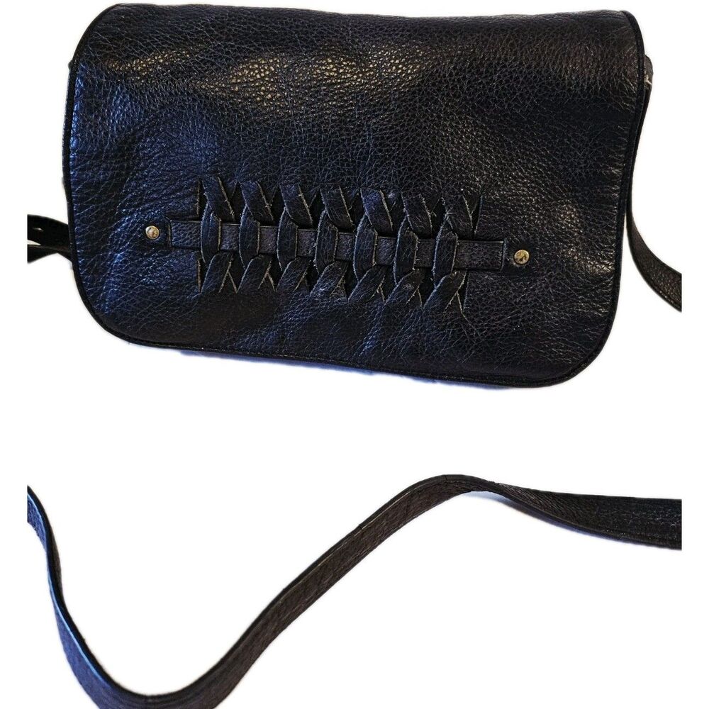 Lucky Brand Kingston Flap Crossbody Bag Black Pebbled Leather Woven Boho - Picture 4 of 8
